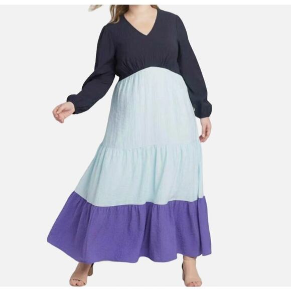 Lane Bryant Night Sky Blue Tiered Crepe Maxi Dress Colorblock Long Sleeve SZ 16 - Picture 1 of 13